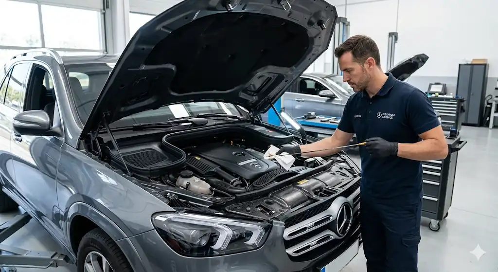Revisión Mercedes GLE en Madrid​, capo abierto.