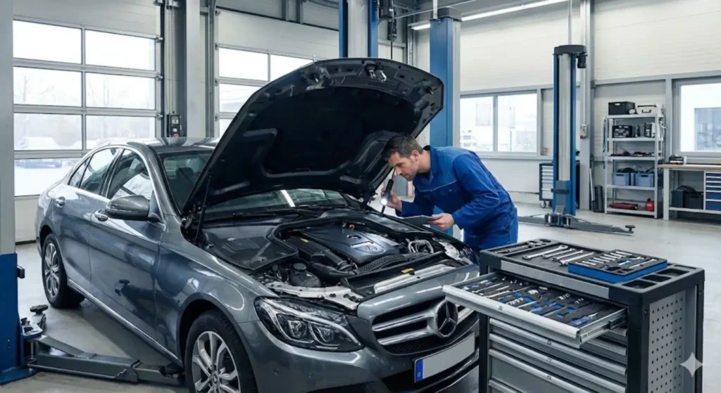 Mecánico haciendo la Revisión Mercedes Clase C en Madrid