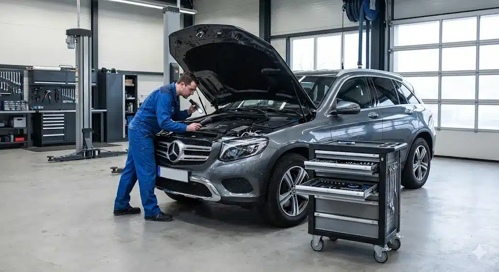 Revisión Mercedes Clase GLC en Madrid, capo abierto.